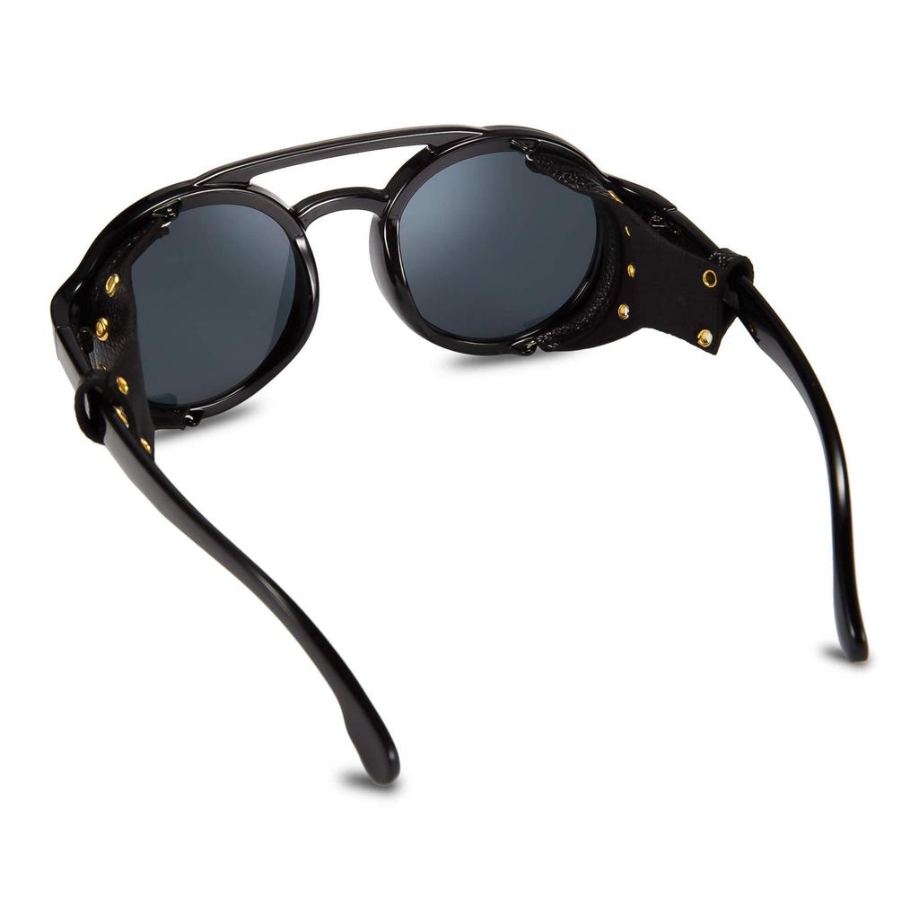 Retro Round Sunglasses for Men Steampunk Vintage Eyewear Light Women Sunglasses Plastic Frame Leather Wear B2532 [FEISEDY]