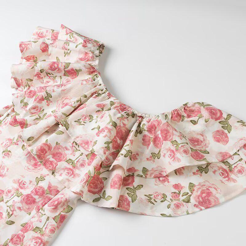 Kaslead New Arrival Women's Clothing Fashion Style Fashion Minimalist off-Shoulder Small Floral Laminated Dress