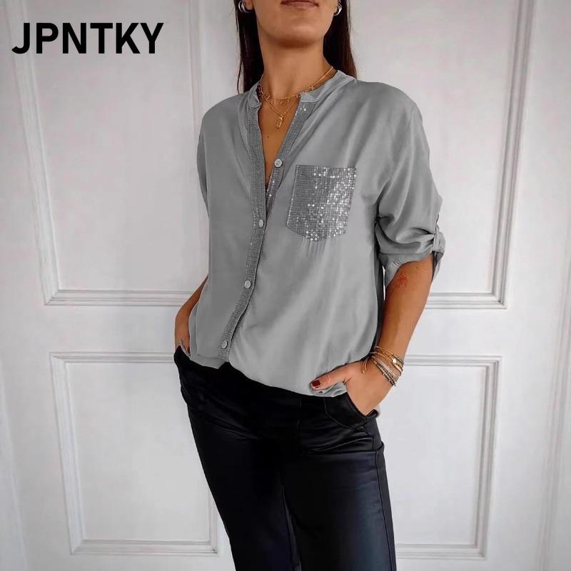 Blusas y Camisas Casuales de Moda para Mujer JPNTKY con Cuello en V y Manga Larga
