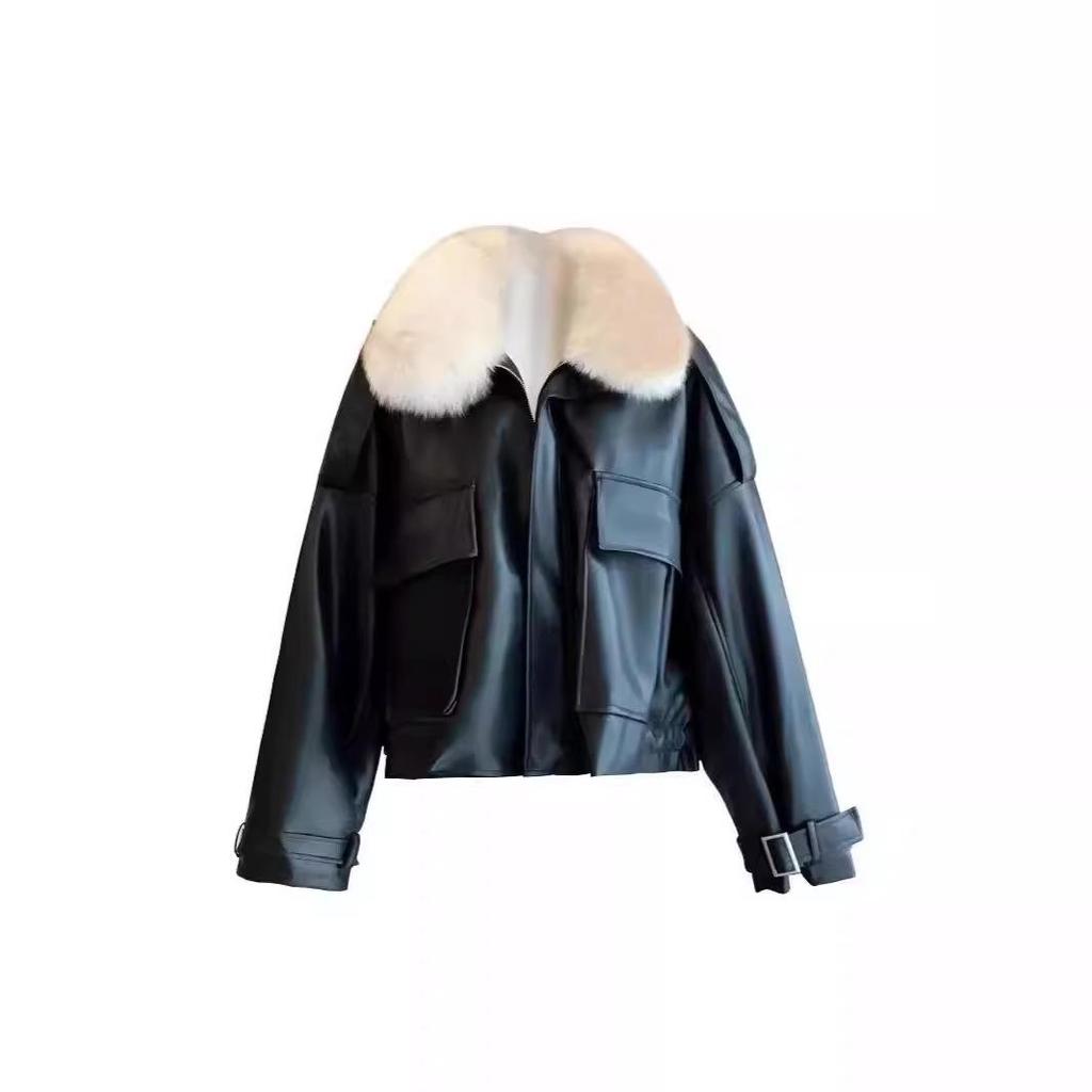 Women's 2024 Autumn/Winter Leather Jacket with Detachable Faux Fur Collar, Plus Velvet, Short, Thickened.