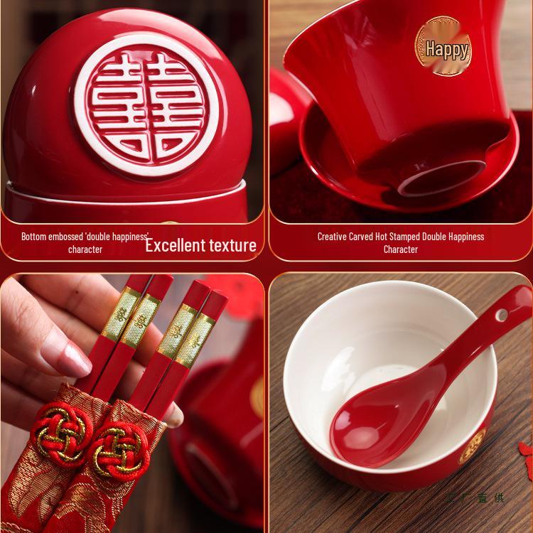 Festive Red Wedding Tea Set: Lidded Bowls, Tea Cups, and Chopsticks