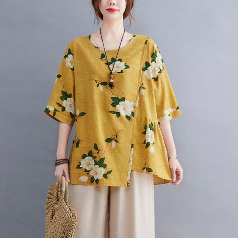 Women's Summer Round Neck Short Sleeve T-shirt Loose and Thin Casual Cotton Linen Graphic Shirt Leisure Blouse Tops