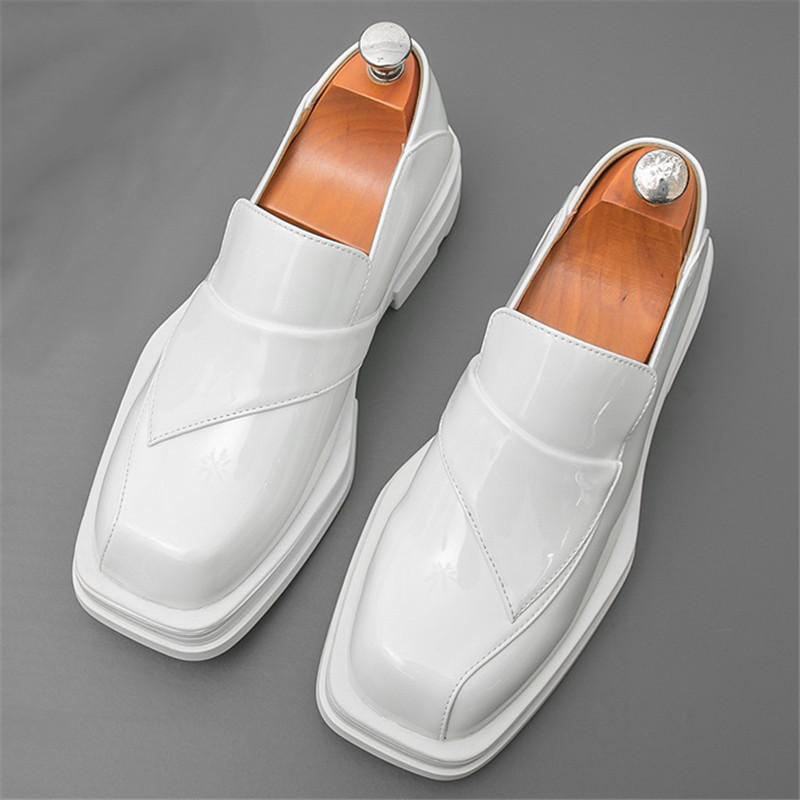 Fashion Luxury Retro Designer White Square Toe Thick-soled Height Increasing Shoes For Men Formal Wedding Prom Dress Performance Loafer