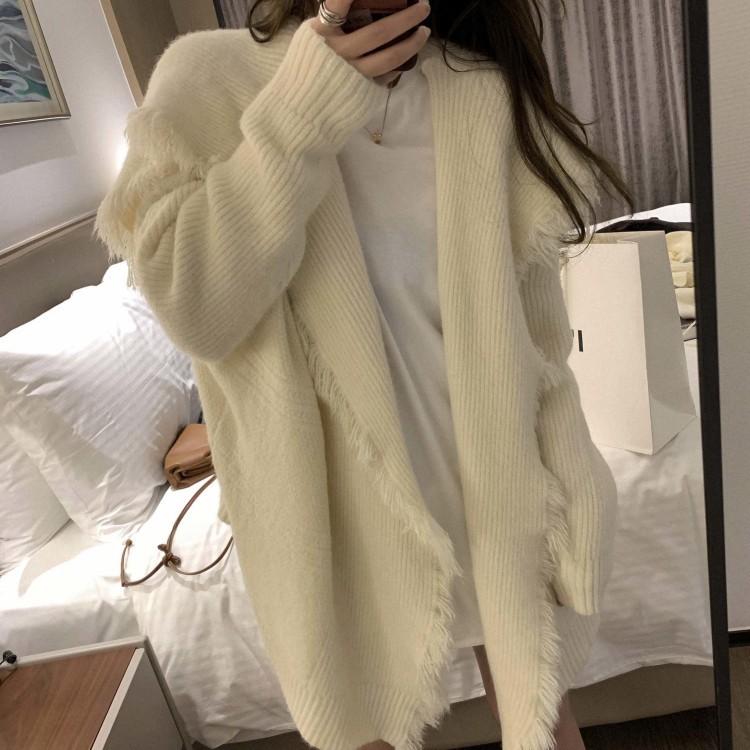 Tassel Knitted Sweater Cardigan Women's Autumn and Winter New Design Sense Niche Loose Lazy Wind Large Lapel Sweater Jacket