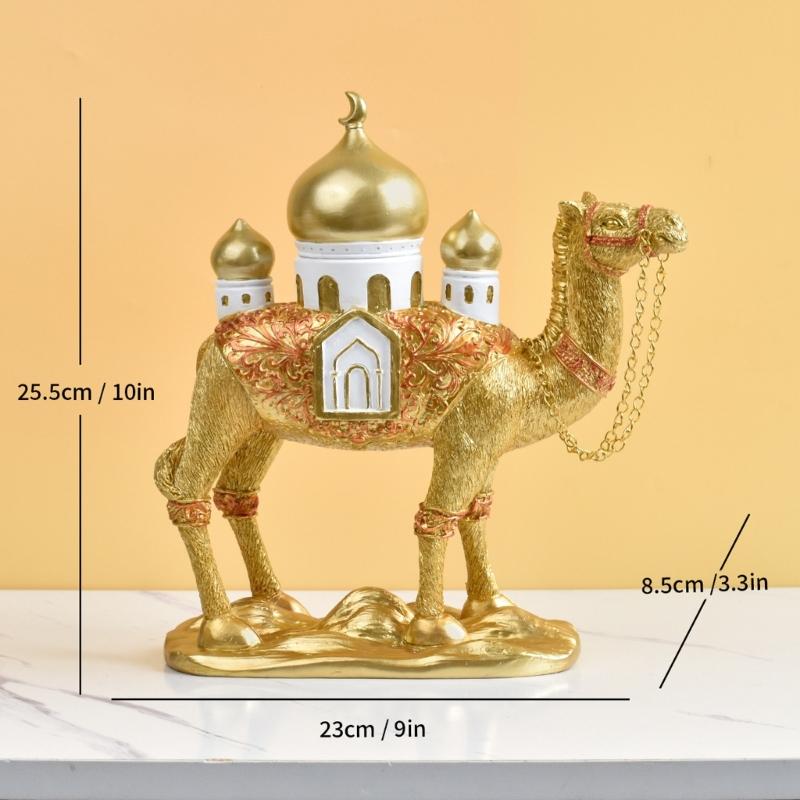 Camels Figurine with Mosque Tower Resin Camels Statue Ornament for Ramadans Eid Mubarak Home Decors Collectibles Gift