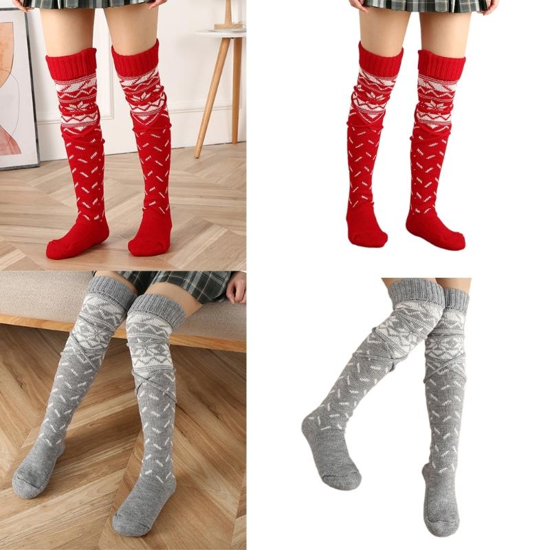 Womens Christmas Knitted Thigh High Socks with Strappy Ties Snowflake Print Over Knee Boot Stockings Winter Leg Warmers