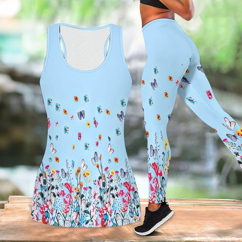 Butterfly Print Yoga Outfit for Women Fashion Workout Leggings Fitness Sports Casual Yoga Set Sports Suit