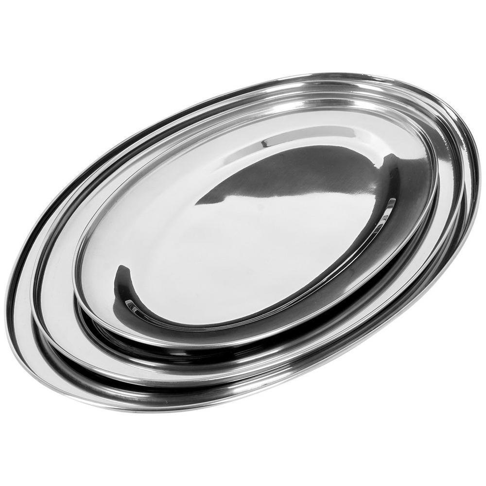 3x Silver Steel Serving Tray Oval Plate Platter Dish