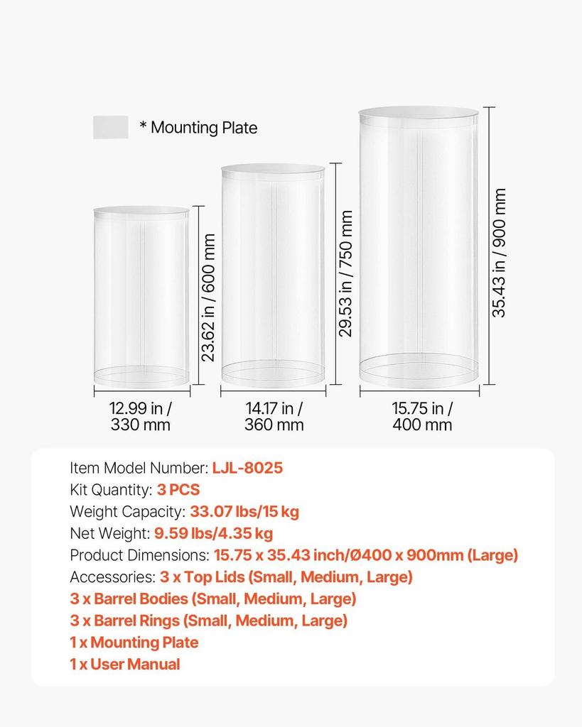 Wedding Flower Stand, 3PCS 60/75/90cm Round Cylinder Plinth, Clear Pedestal Stand with Transparent Acrylic Lid, Cylindrical Pedestal Stands for
