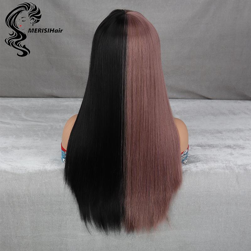 Half Black Half Pink Wig Long Straight Synthetic Wigs for Women with Bangs Cosplay Halloween Party or Daily Replacement Hair