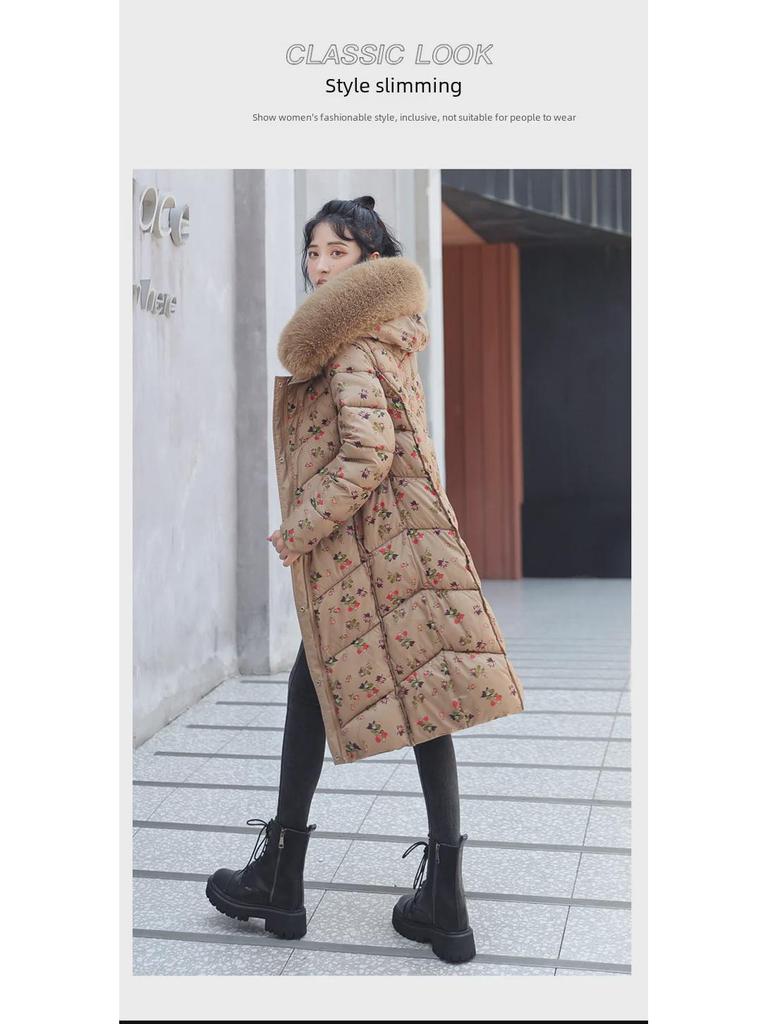 Women's Knee-Length Double-Sided Down Cotton Coat with Large Fur Collar Hood - New Winter Fashion.