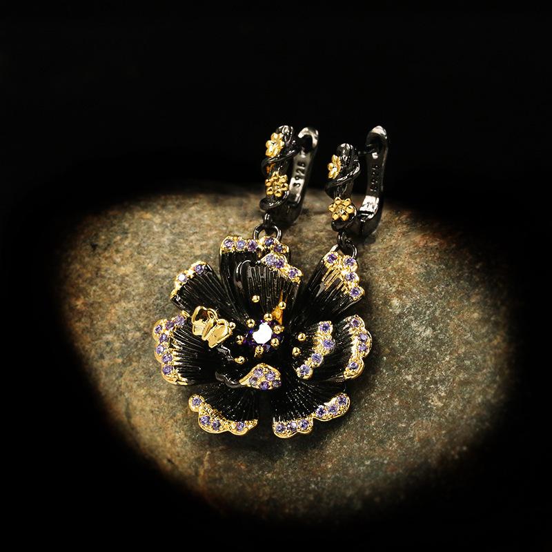 New retro sunflower earrings high-end flower zircon personality gold exaggerated black and gold two-tone earrings jewelry gift