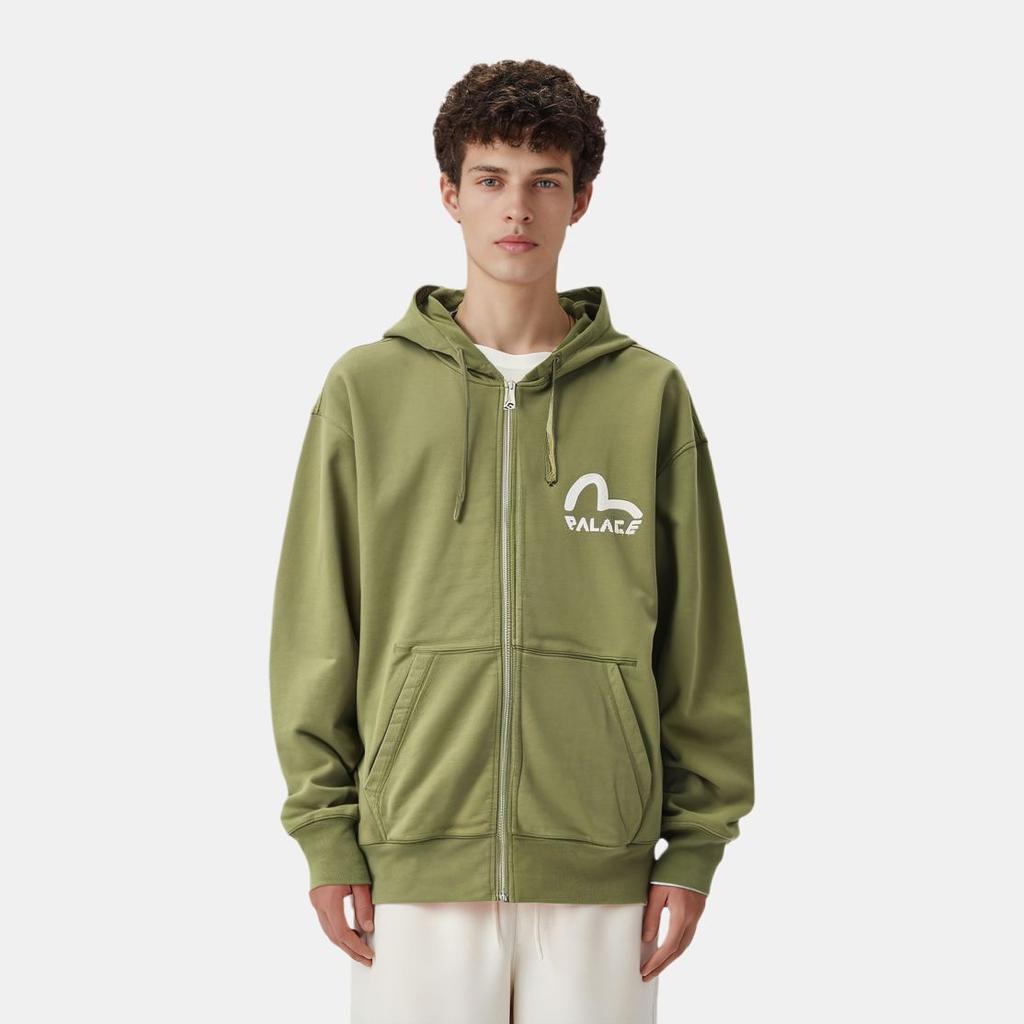 Palace X Evisu Collaboration SS24 Solid Color Zip Casual Logo Print Hoodie Unisex Hoodies Military-Green 2ESPAM4SW1150OSFLAGRX