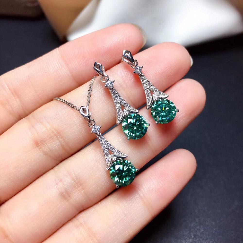 Platinum Plated Full Diamond Earrings with Blue Green Moissanite Pendant Eiffel Tower Studs
