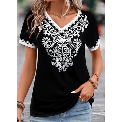 2024 Vintage Shirt für Frauen Totem bedruckt Ethno-Stil Damenbekleidung Sommer Casual Kurzarm Tops T-Shirts Übergroß Übergroß