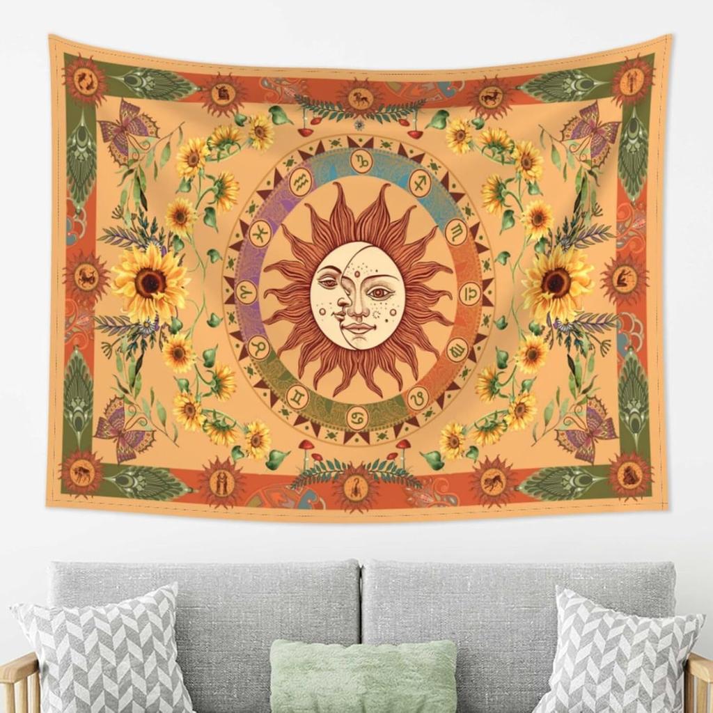 Floral Plants Sun And Moon Retro Botanical Flowers Butterfly Black Starry Sky Wall Tapestry Vintage Boho Aesthetic Tapestry Wall