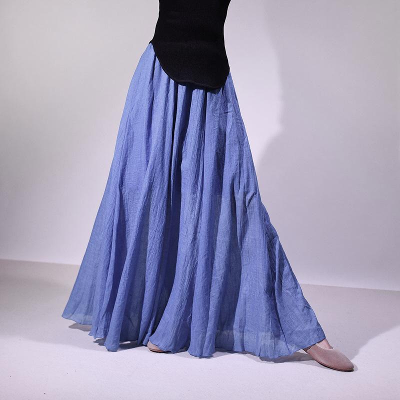 Women's Double Layer Cotton Linen Maxi Skirts Boho Solid Elastic High Waist Pleated A-Line Flowy Swing Long Maxi Skirts Soft Maxi Skirts for Women