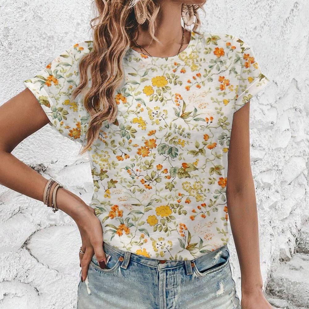 

Повседневная свободная женская футболка с круглым вырезом и 3D-принтом, уличная мода, высококачественный женский свободный топ, простой винтажный узор с цветами и птицами 6XL