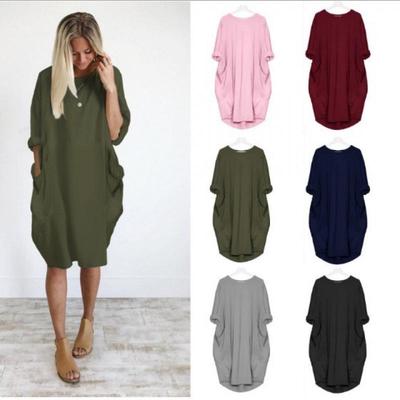 Women's Casual Loose Pocket Long Sleeve Plus Size Dress