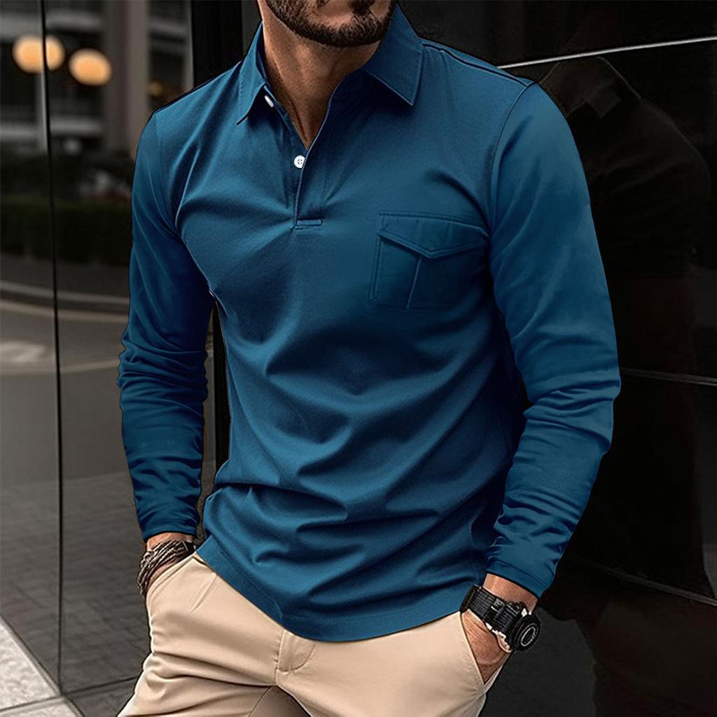 Autumn And Winter New Sports Polo Shirt Men's Long-sleeved Casual Lapel Polo Shirt Solid Color Pocket T-shirt