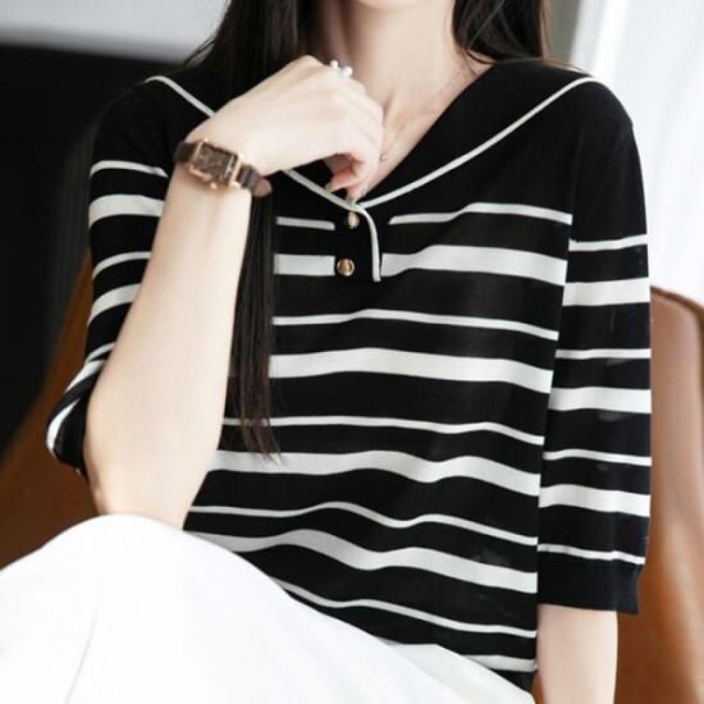 Navava Women Casual Stripe Collar 5 Sleeve Knit Nk2940