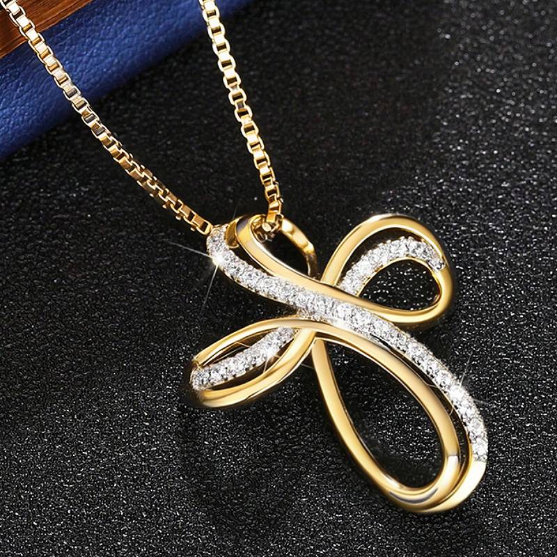 Huitan Gorgeous Infinity Cross Design Women Pendant Necklace Gold Color/Copper Color Fashion Party Accessories Zircon with CZ