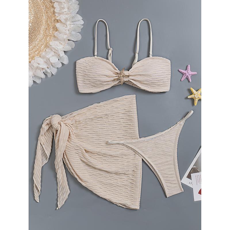

Sexy Starfish Pleate Push Up Bikini Set Women Beige Striped Cover Up 3 Piece Thong Swimsuit Beach Bathing Suit Swimwear S бежевый