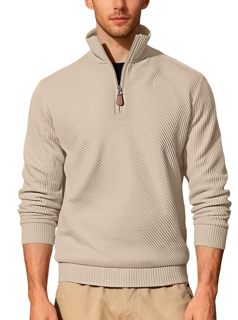 Men's Twill Jacquard Ribbed Half Zip Sweatshirt, Long Sleeve Stand Collar Sport Casual Trendy Pullover Hoodie for Autumn Winter