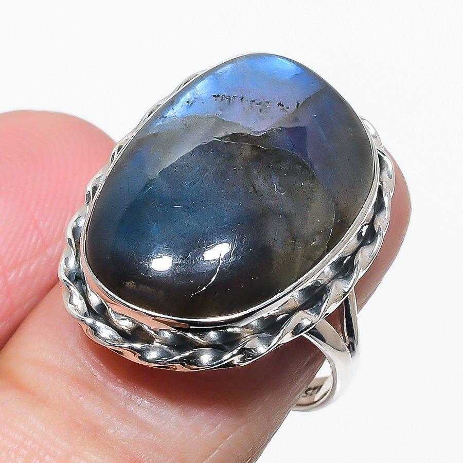 

Natural Labradorite Gemstone Handmade 925 Solid Silver Jewelry Ring Size 8 q6Y14