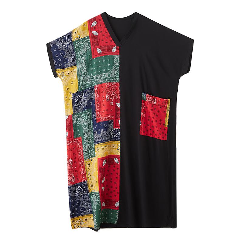 DIMANAF 2025 Summer Women Plus Size Dress Basic Casual Dress Loose Printing Long Beach Short Sleeve Dress