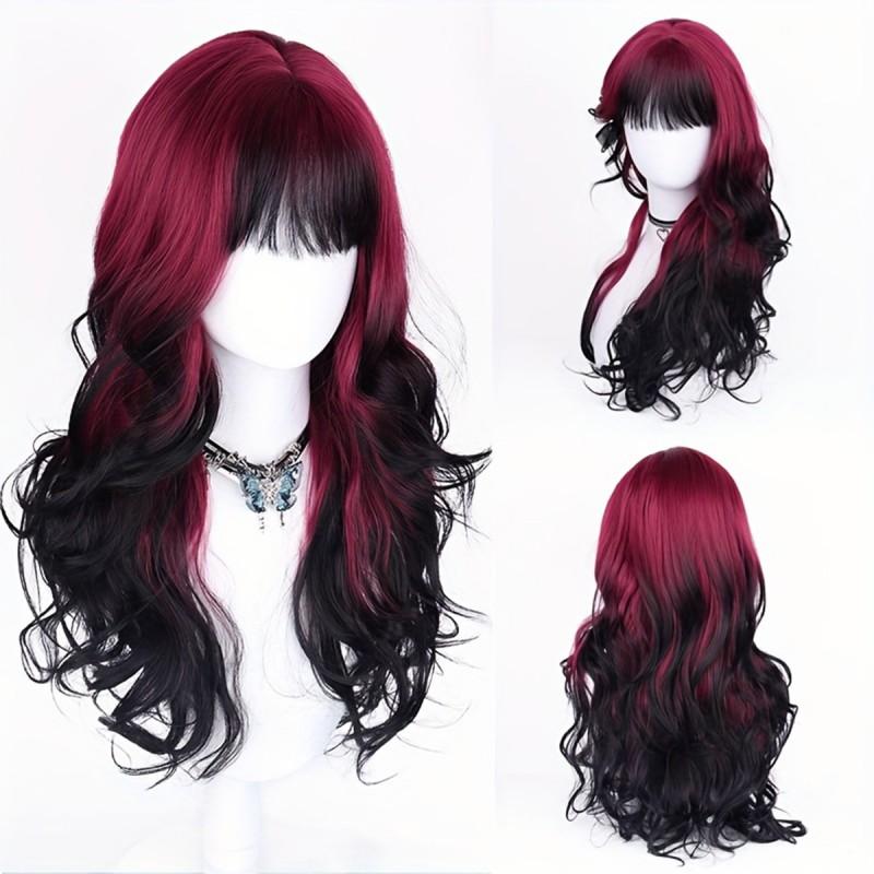 Long Wavy Synthetic Wig With Black To Red Ombre Highlights Gothic Style Full Cap Hairpiece Women