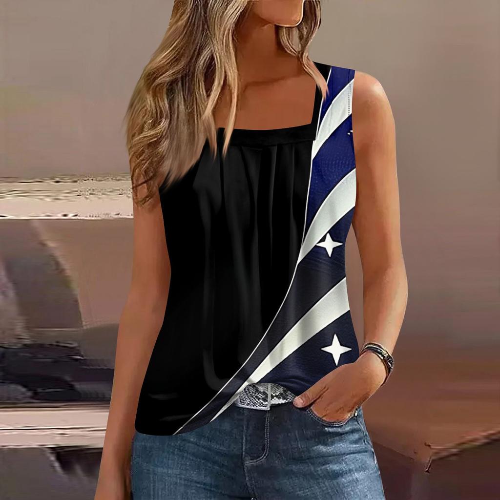 Damen Sommer Casual Plissee Quadratischer Ausschnitt Ärmelloses Tank Top Bedrucktes T-Shirt