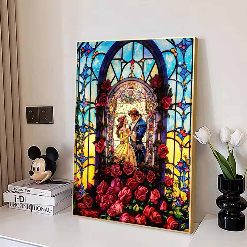 Disney 5D DIY Diamond Painting Decorations Beauty and The Beast Stained Window Theme Artwork Diamond Embroidery and Rhinestone Cross StitchSetHandmade