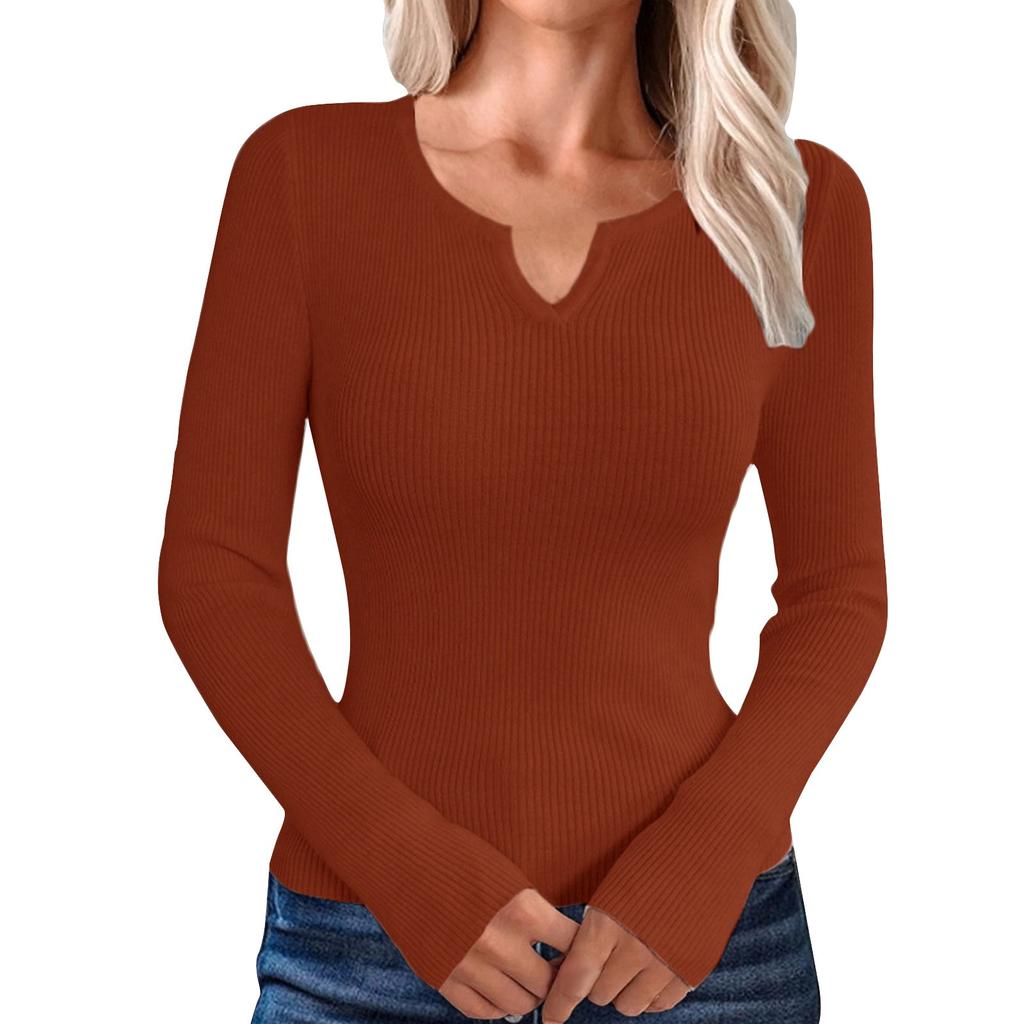 Women's Casual Solid Color V Neck Slim Button Knit Sweater Long Sleeved Base Sweater Sweater