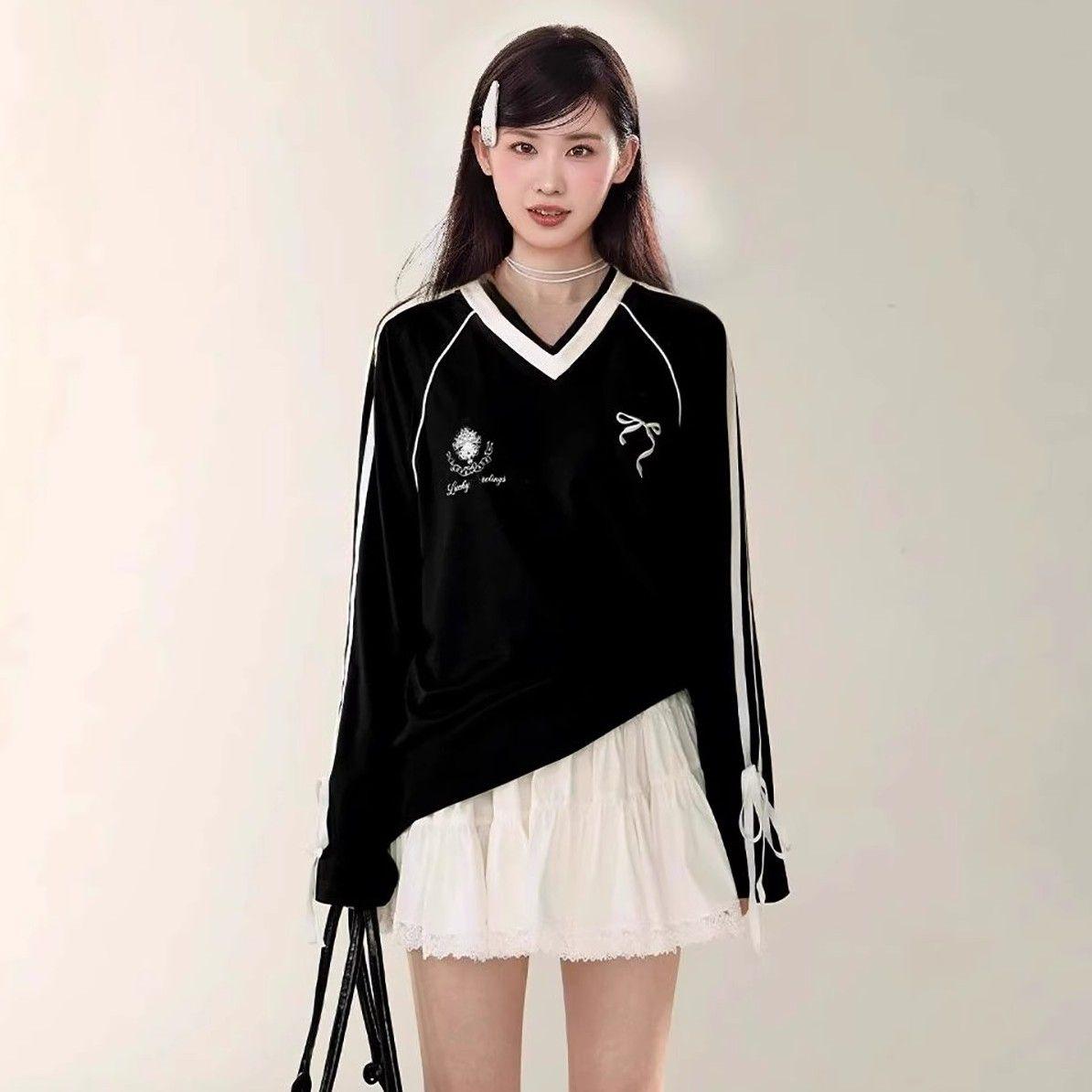 

Bow Tie Women s Long Sleeved T-shirt V-neck Loose Long Sleeved Pullover Korean Style Autumn New Fashion Women s Top S чёрный