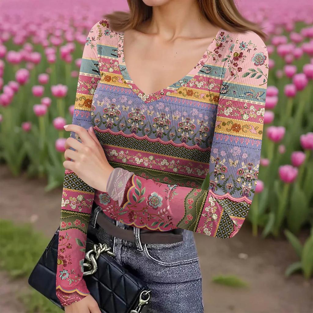 Women's Winter Slim-Fit Base Layer T-Shirt Fashionable Print V-Neck Pullover Long-Sleeved Top