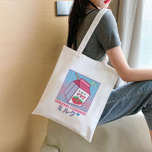 Fashion Women Shopping Bag Peach Milk Strawberry Aesthetic Print Student Book Canvas Bags Reusable Shopper Japanese Kawaii Eco