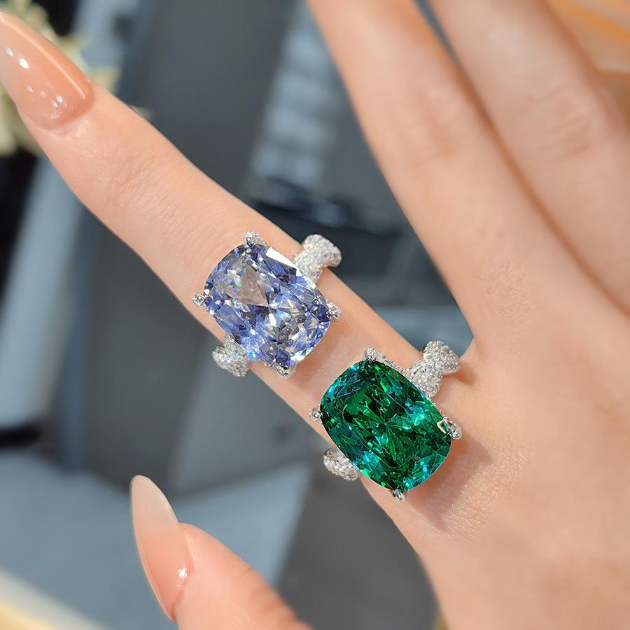 Heavy Industry Luxury Full Diamond Large Carat Ice Flower Cut Paraiba Ring High Carbon Diamond Tanzanian Blue Fat Rectangular Diamond Ring Women