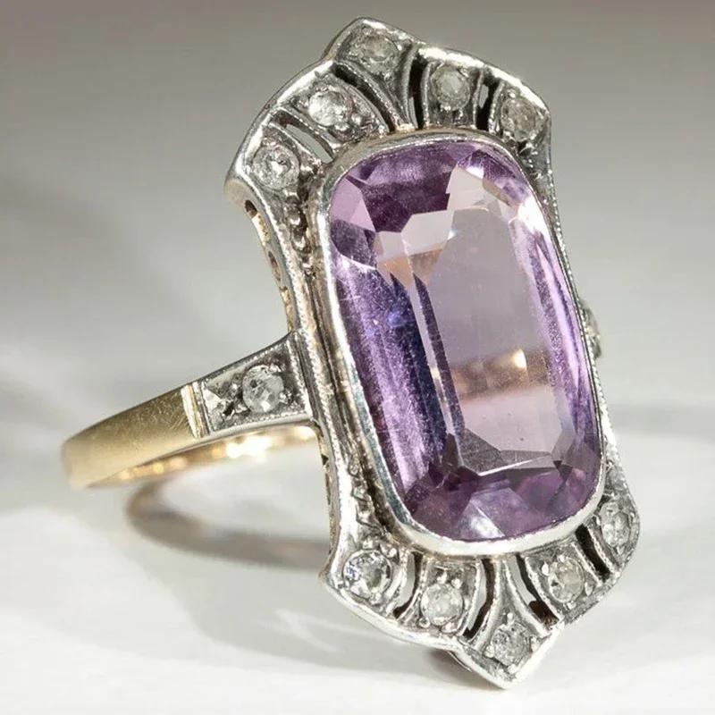 Geometric Amethyst Crystal Women'S Ring With Two Tone Design Exaggerate  Finger Accessories Party New Soundlight Jewelry