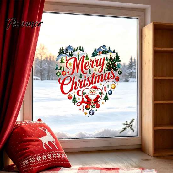 Easy Apply Window Clings Merry Christmas Cling, Heart Shaped Sticker with Santa Claus Xmas Festive Home Decoration Tree Balls, Winter Holiday