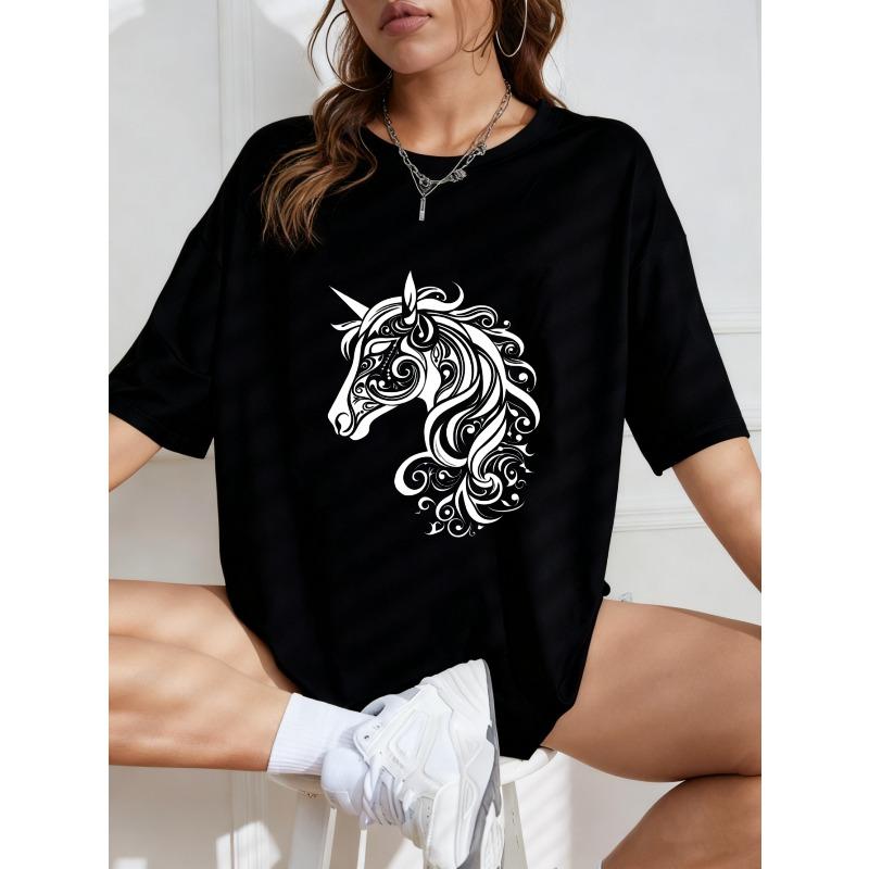 Unicorn Graphic T Shirt White Unicorn Print Casual Wear For Women Summer Outfit Streetwear Fashion Top