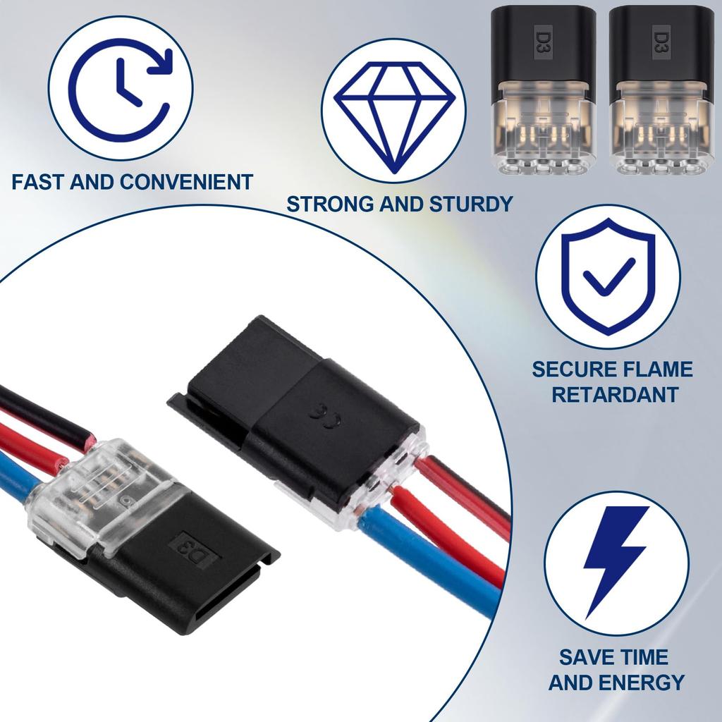 50Pcs Quick Connect Electrical Wire Connectors, Double Wire Plug-in Connector with Locking Buckle for LED Strip Lights Terminals