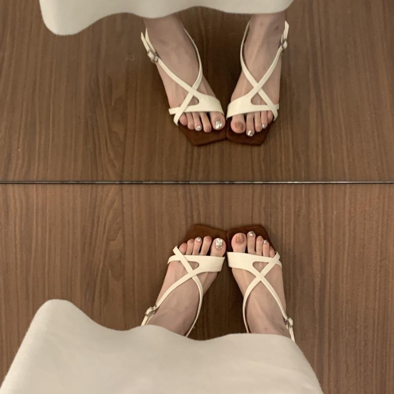 With Skirt Temperament One-word Buckle with Open-toed Square Head Sandals Women's Summer Beautiful Small Heels