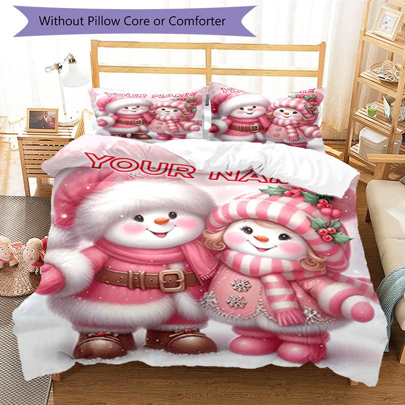 3PC Custom Name Snowman Couple Winter Scene Bedding Set Printed Bedding Set Duvet Cover Closure Includes 1 Duvet Cover & 2 Pillowcases for All Seasons