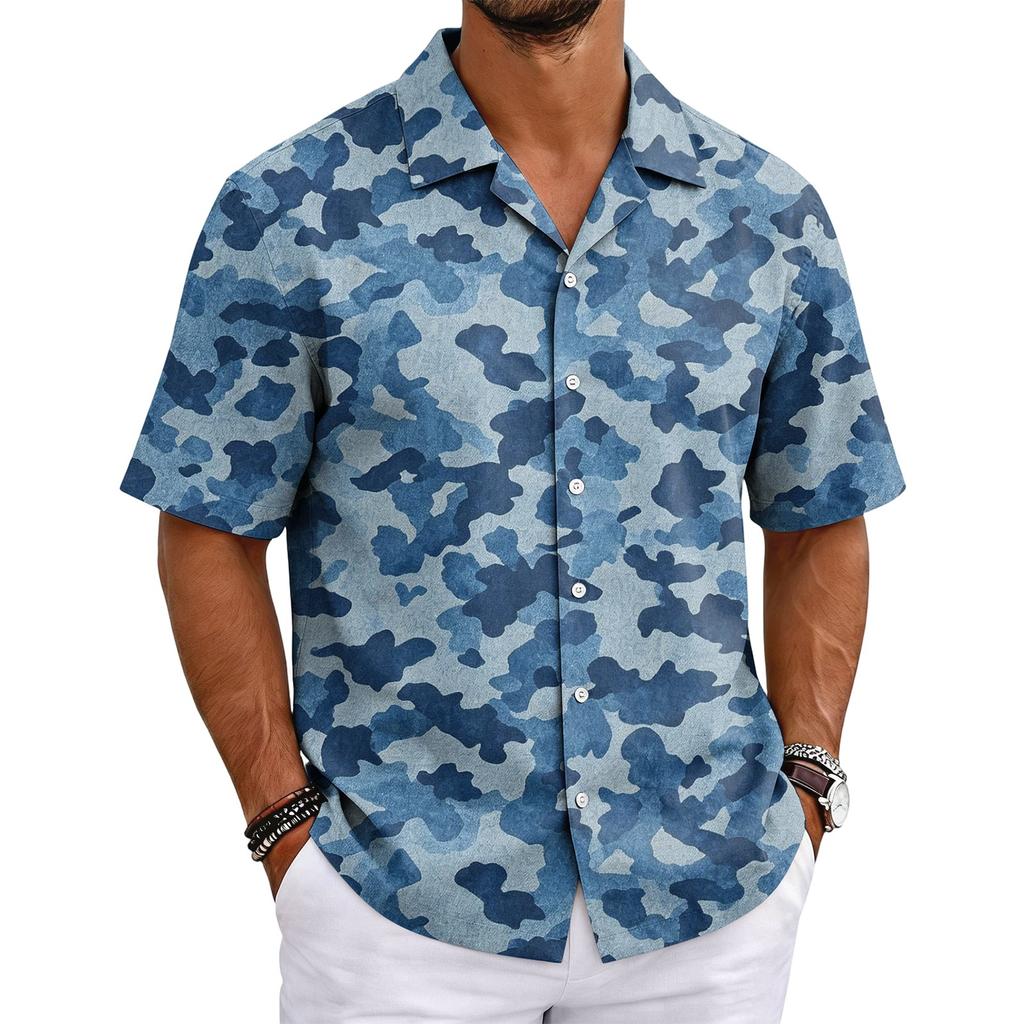 Men's Camouflage Short Sleeve Cuban Collar Shirt Lightweight Breathable Casual Button Down Shirt Summer Beachwear