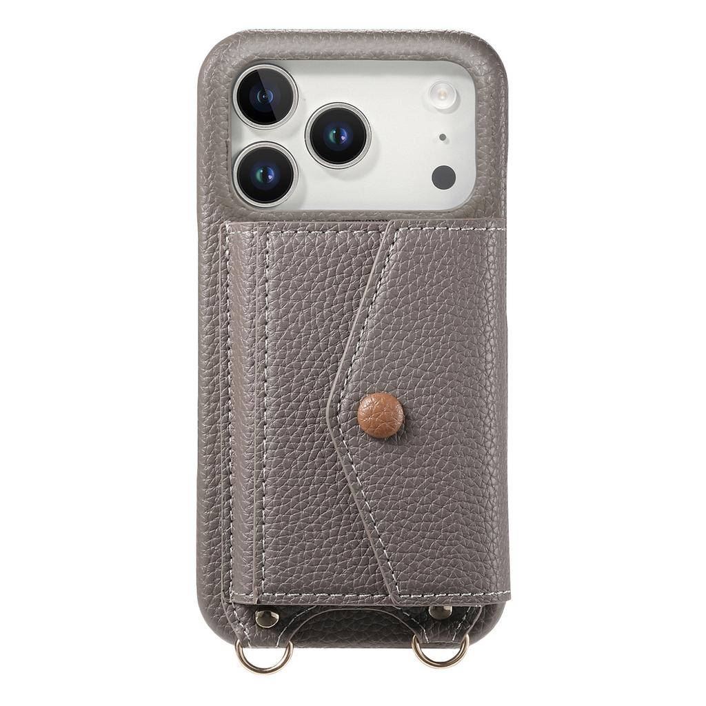 For iPhone 17 Pro Max Case Card Holder Kickstand PU Leather + PC Phone Cover with Mirror and Crossbody Lanyard