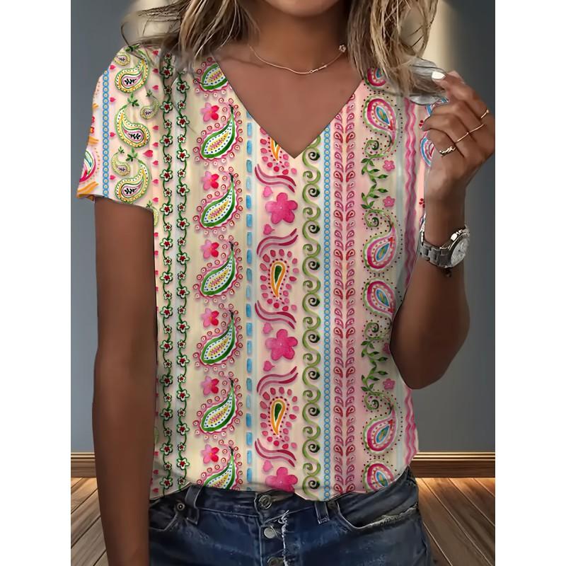 Womens V-Neck Loose Fit Short Sleeve T-Shirt With Colorful Geometric Starry Print Casual Top