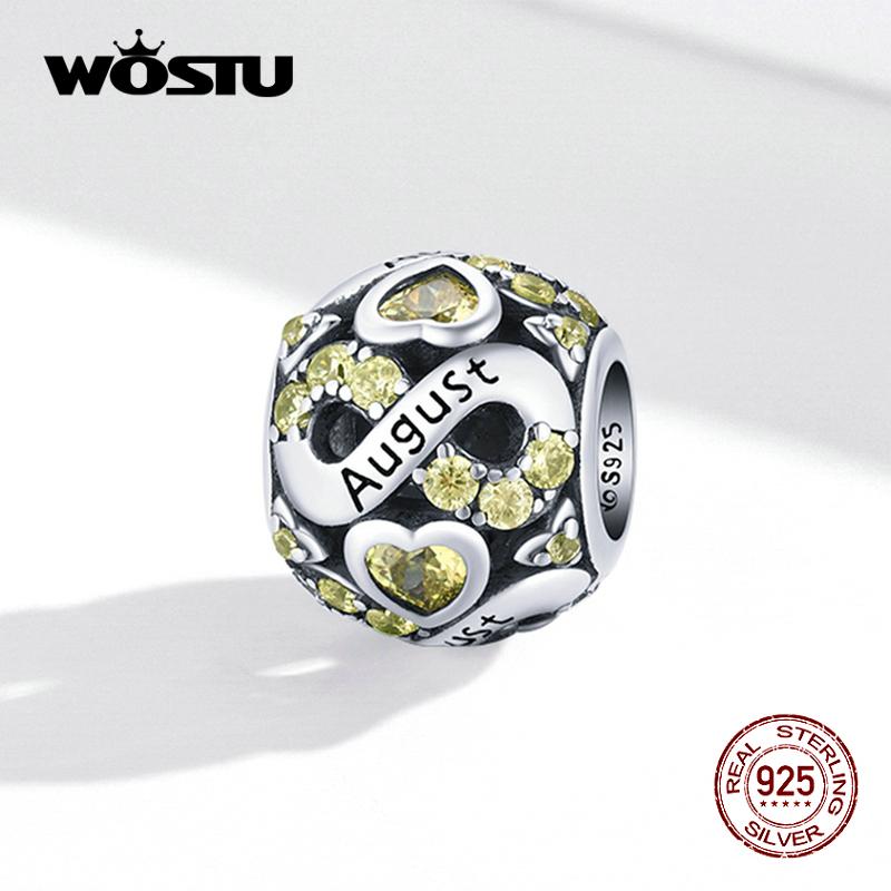 WOSTU Pave barevné kamínky Dvanáct měsíců sférický 925 Sterling Silver Charm korálek pro DIY šperky dárek