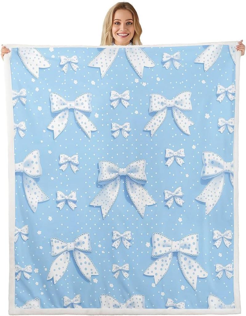 Blue Bow Pattern Blanket Soft Fleece Throw Elegant Home Decor Gift for Women Girls Bedroom Bedding Cover