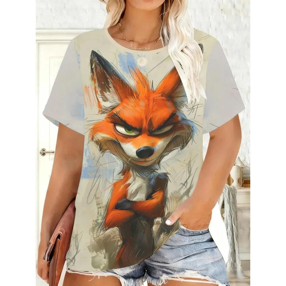 Ladies' Summer Fashion Casual T-shirt Fun Animal Pattern Printing Loose Large Size Soft Breathable Round Neck Short Sleeve T-shirt